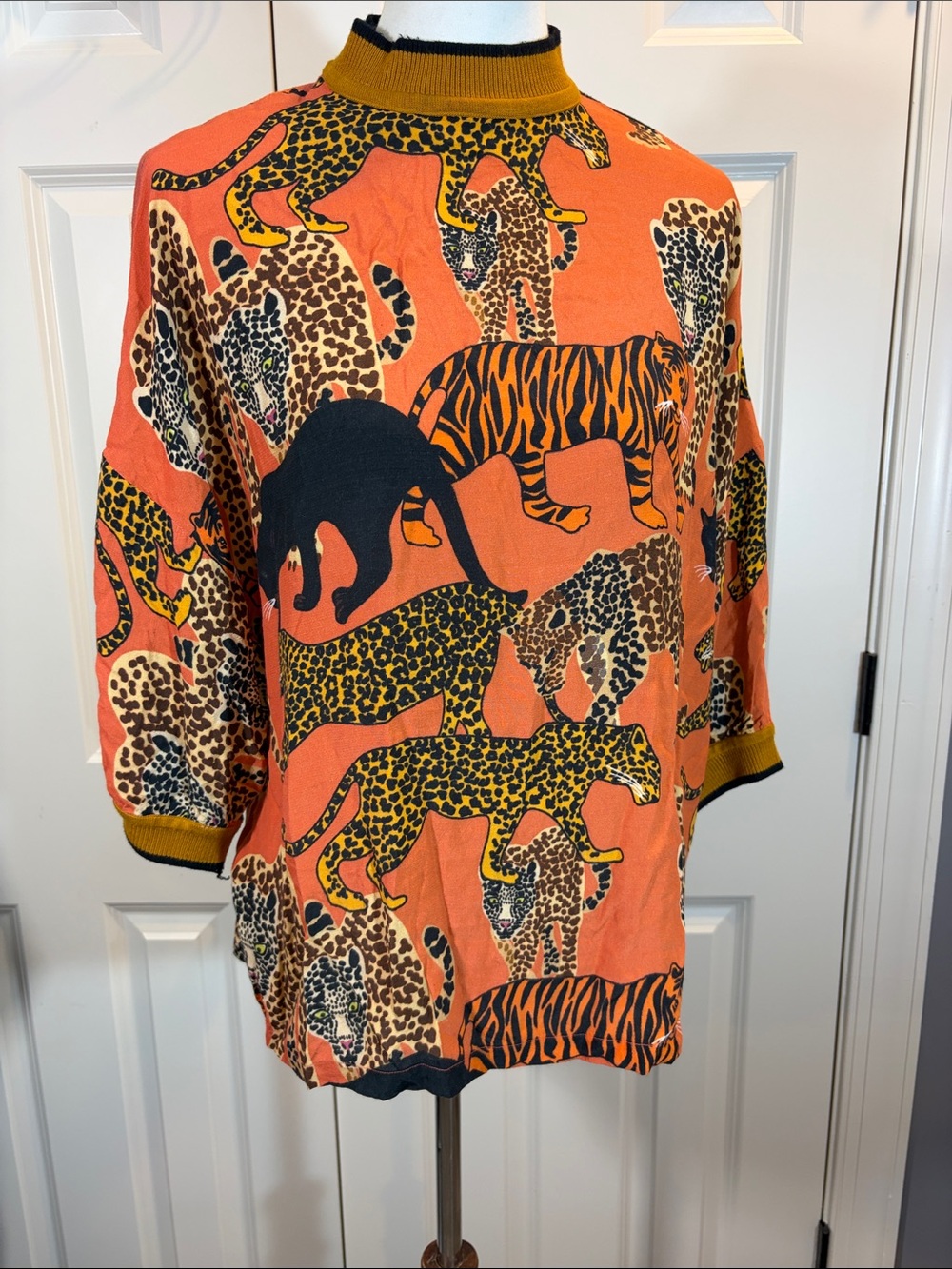 Orange Animal-Print Short Sleeve Blouse